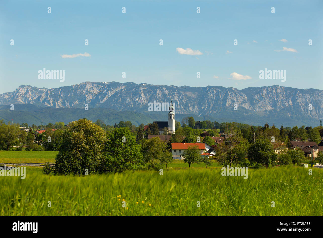 Austria, Upper Austria, Salzkammergut, Saint Georgen, village view, Höllengebirge, Alpine foothills, Stock Photo