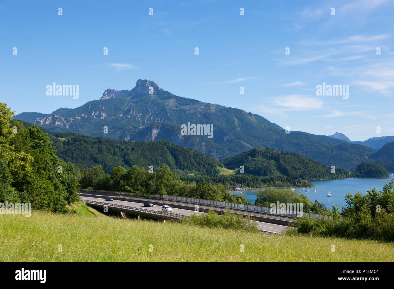 Austria, Upper Austria, Salzkammergut, Mondsee, Western highway, A1, Schafberg, Stock Photo