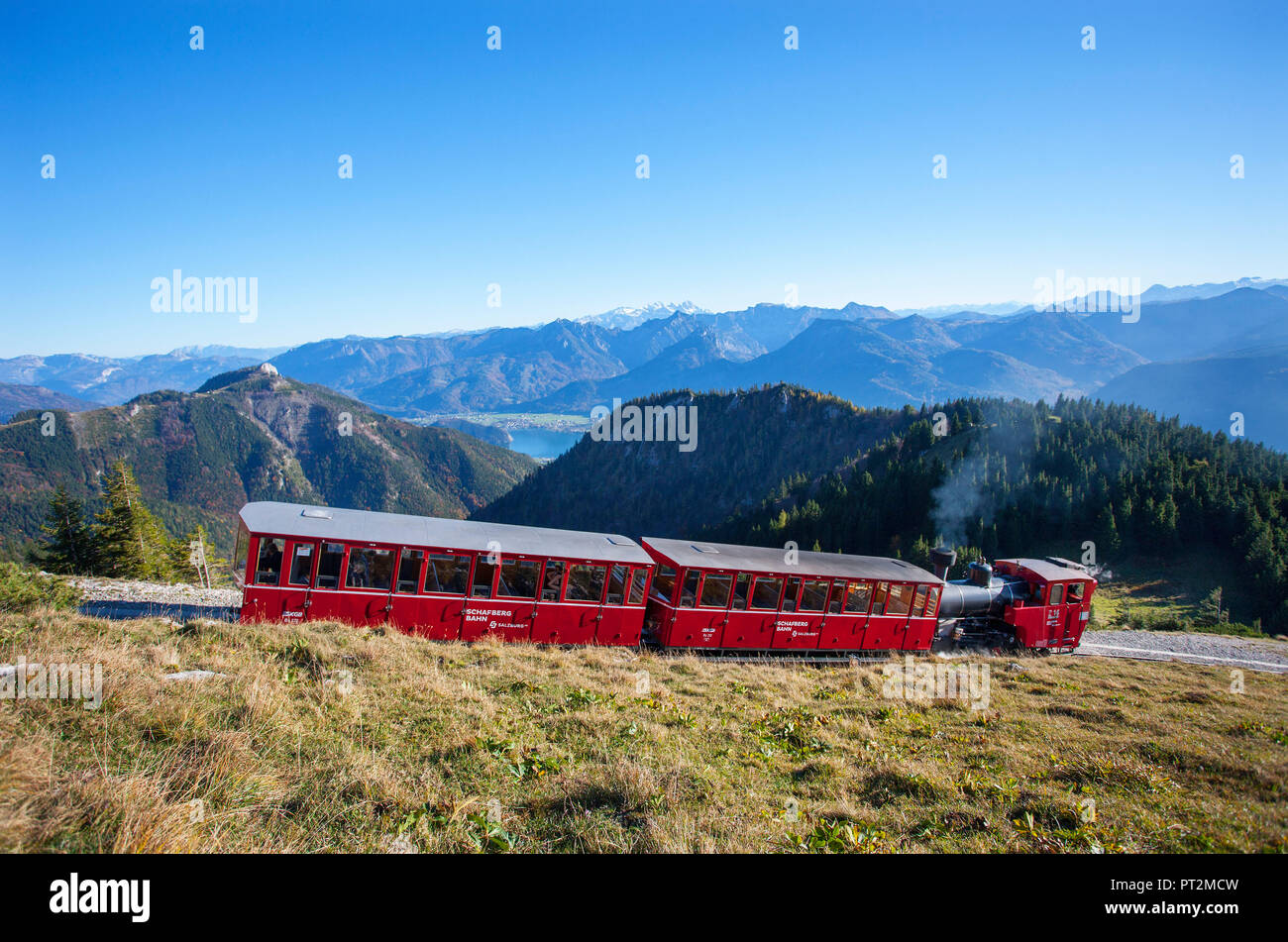 Austria, Salzkammergut, Saint Wolfgang, Schafberg, rack railway, view to Wolfgangsee and Dachstein, Stock Photo