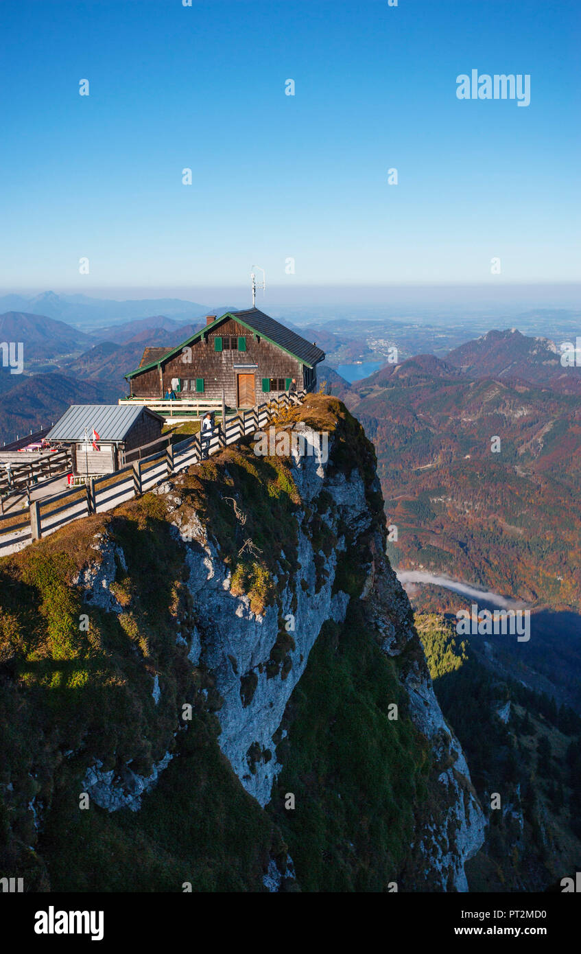 Austria, Salzkammergut, Schafberg, Schutzhaus Himmelspforte, view to Lake Fuschl, Stock Photo