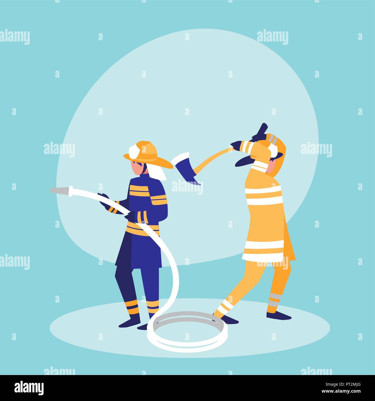 group of firefighters with hose and ax vector illustration design Stock