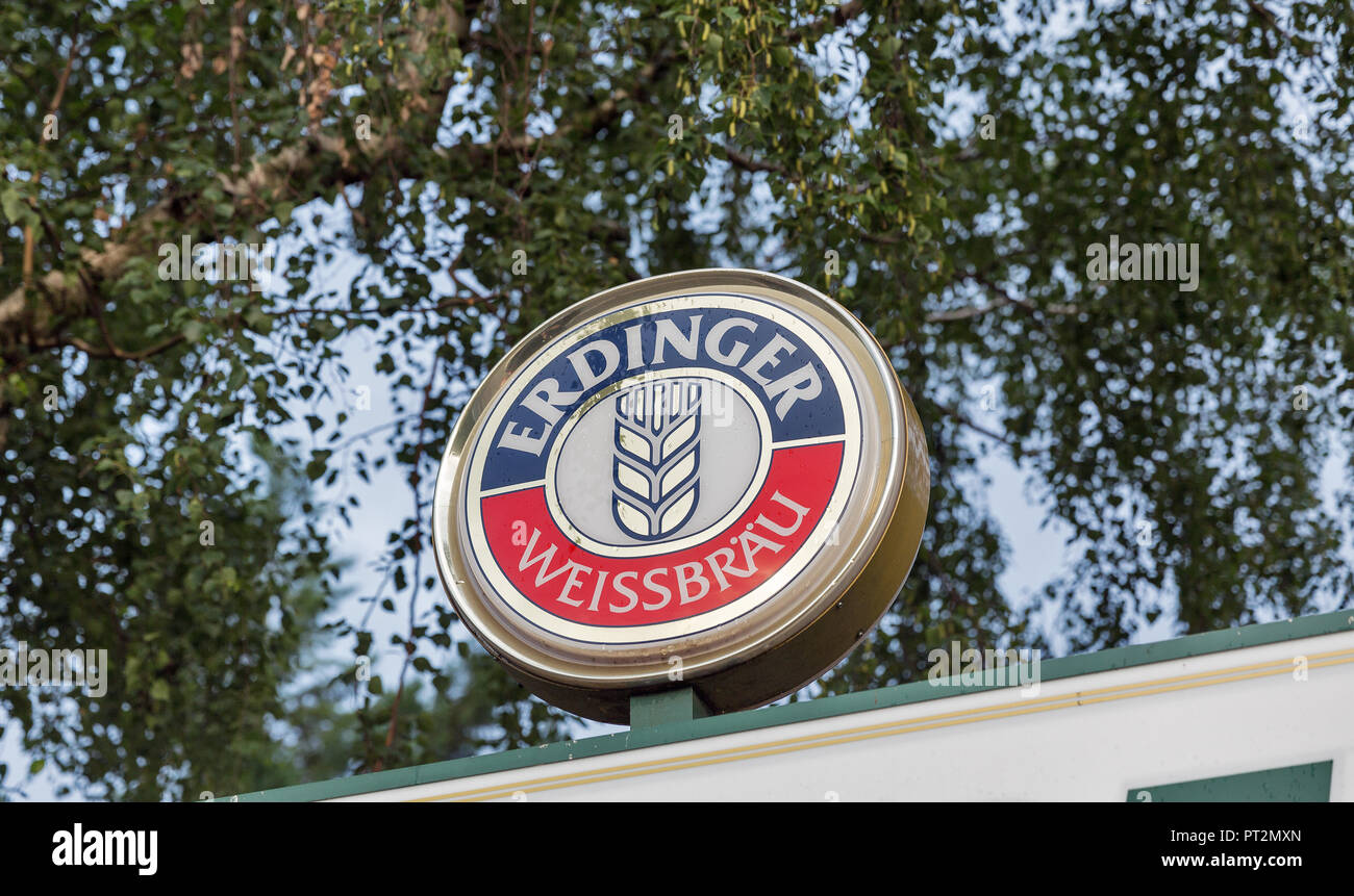 BERLIN, GERMANY - JULY 12, 2018: Erdinger Weissbrau wheat beer logo closeup outdoor. Erdinger is the world's largest wheat beer brewery. Stock Photo