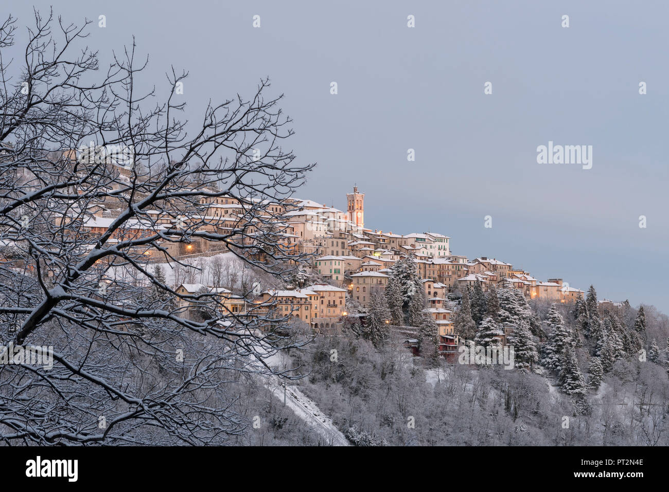 The village of Santa Maria del Monte in the evening after a snowy day from Campo dei Fiori, Parco Campo dei Fiori, Varese, Lombardy, Italy, Europe Stock Photo
