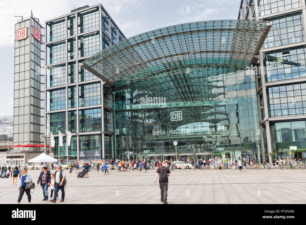 BERLIN, GERMANY - JULY 13, 2018: Facade view of Berlin Central Railway Station square or Berlin Hauptbahnhof, Hbf. Station was opened in May 2006, ope Stock Photo