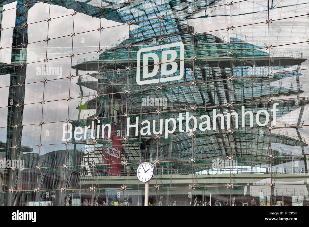 BERLIN, GERMANY - JULY 13, 2018: Facade view of Berlin Central Railway Station square or Berlin Hauptbahnhof, Hbf logo. Station was opened in May 2006 Stock Photo
