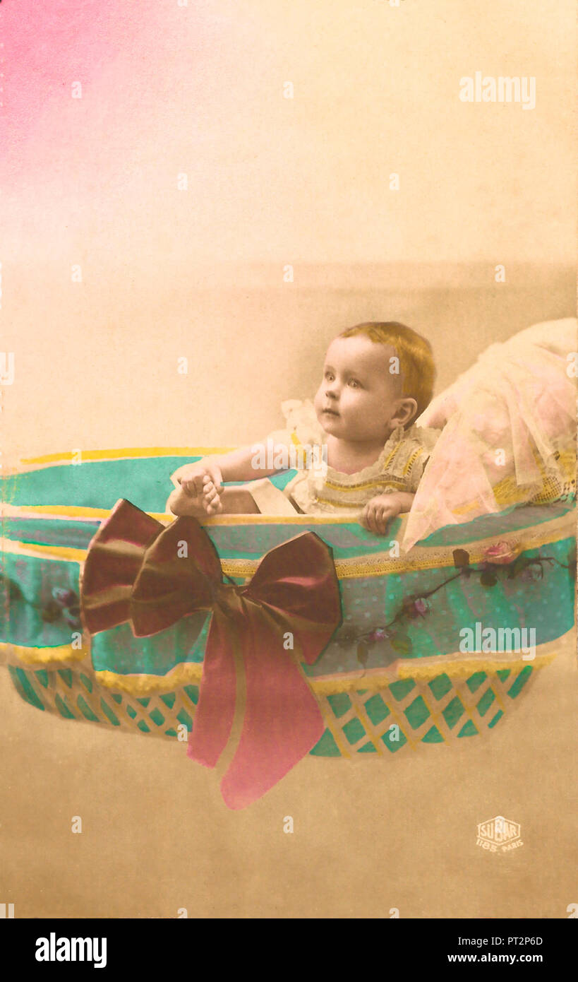 Vintage baby postcard, colorised , 1910s. Stock Photo