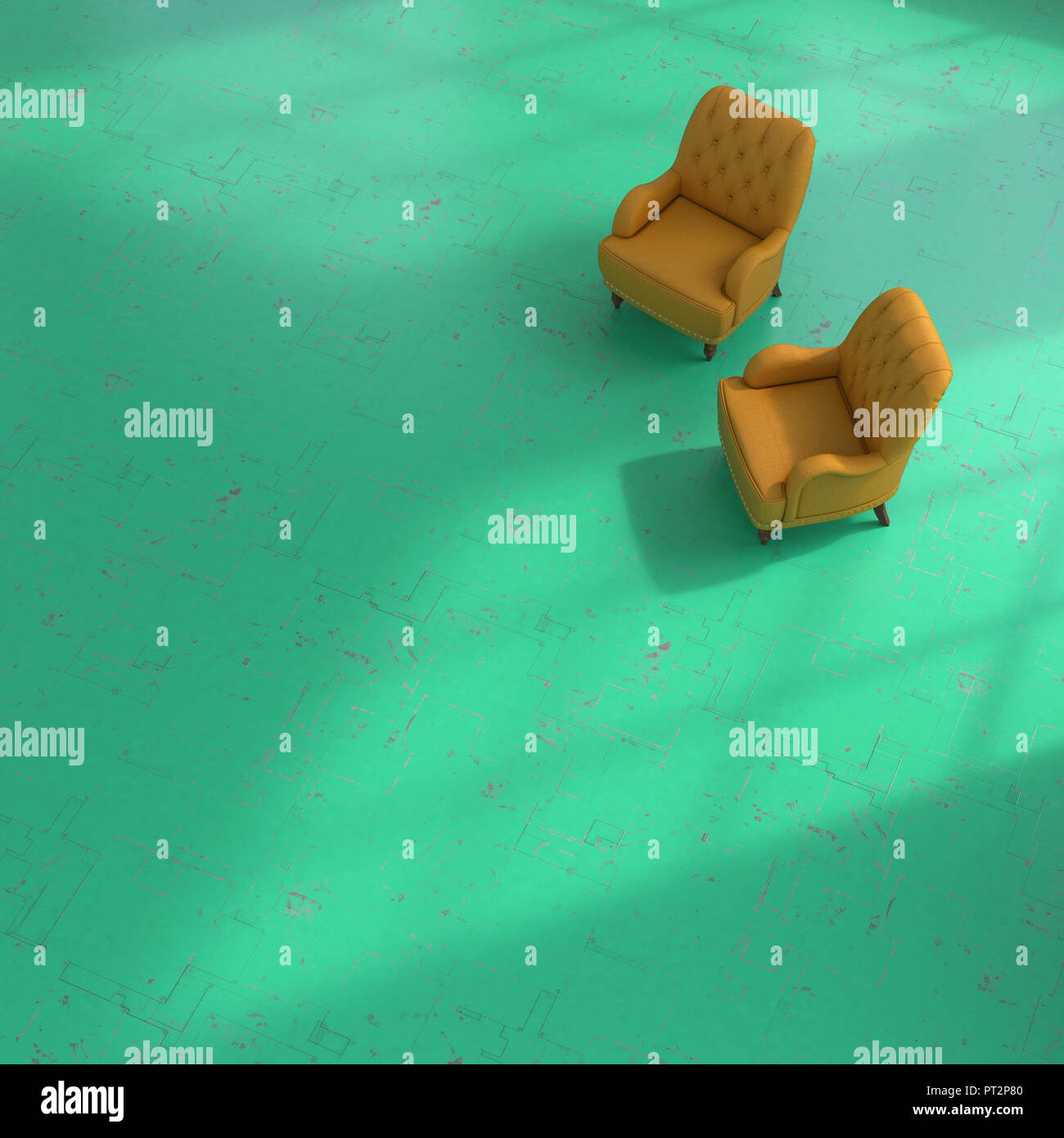 3D rendering, Two armchairs on green floor Stock Photo