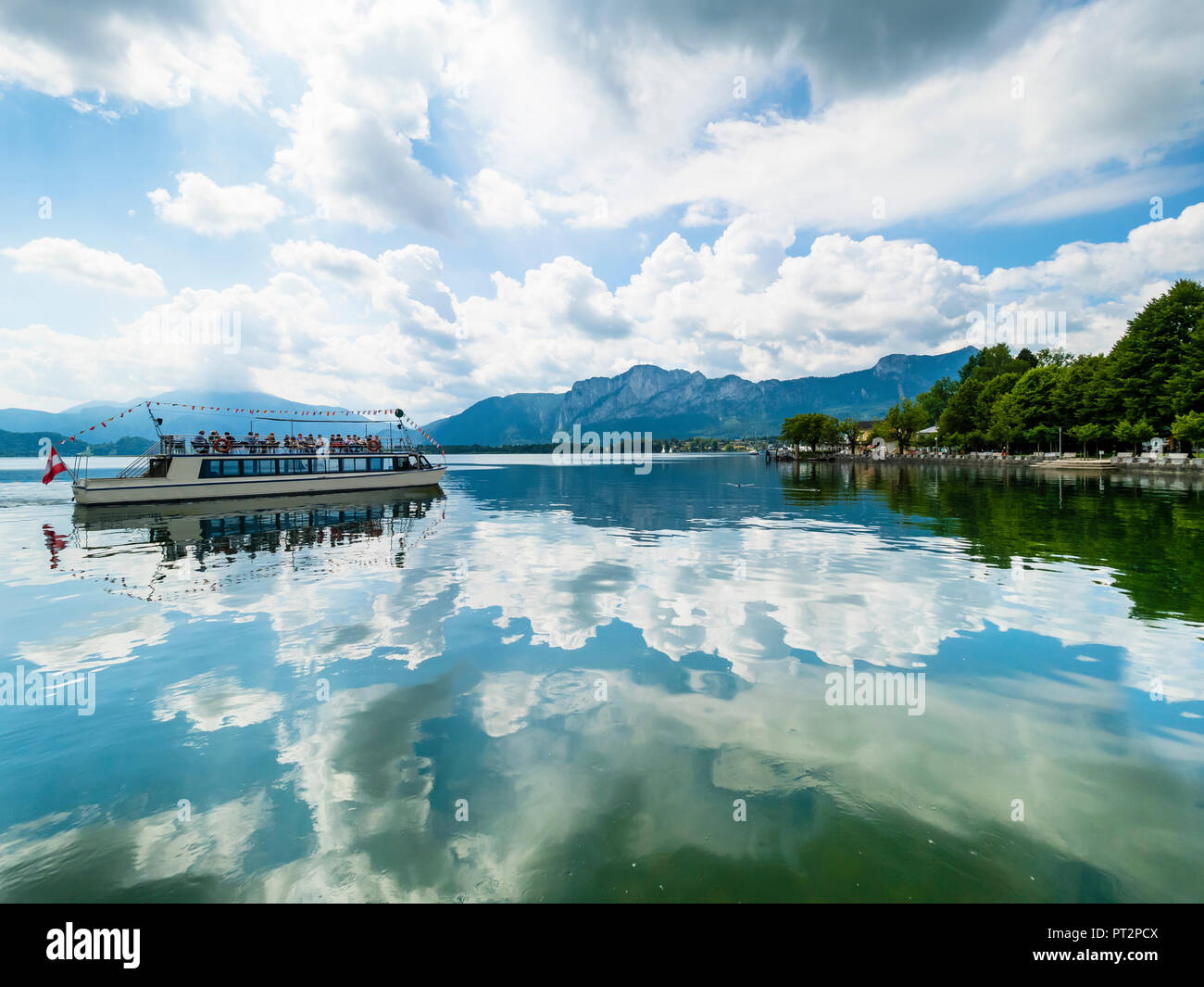 Austria, Mondsee, Lake Mondsee with tourboat Stock Photo