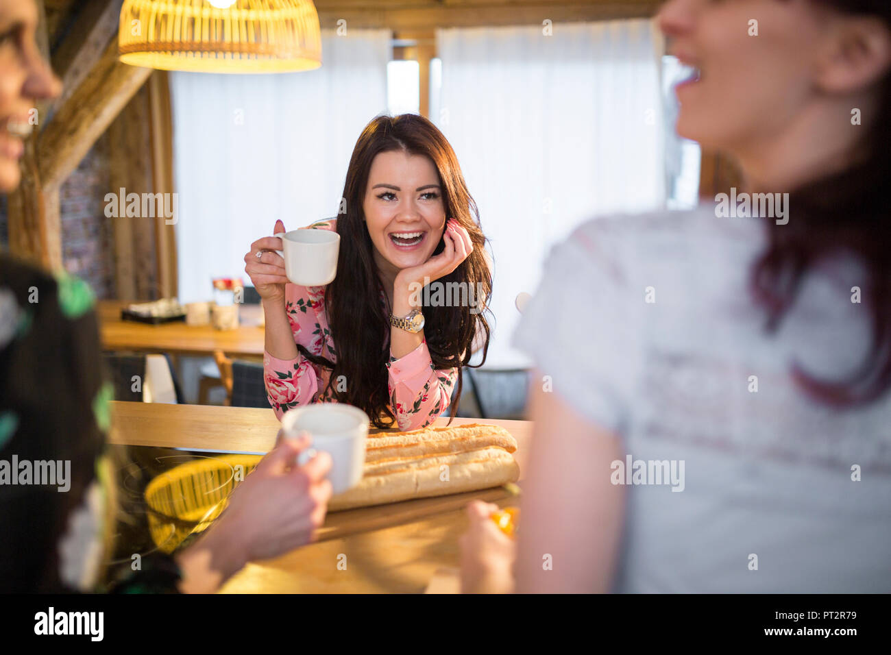 Happy female friends socializing in kitchen Stock Photo