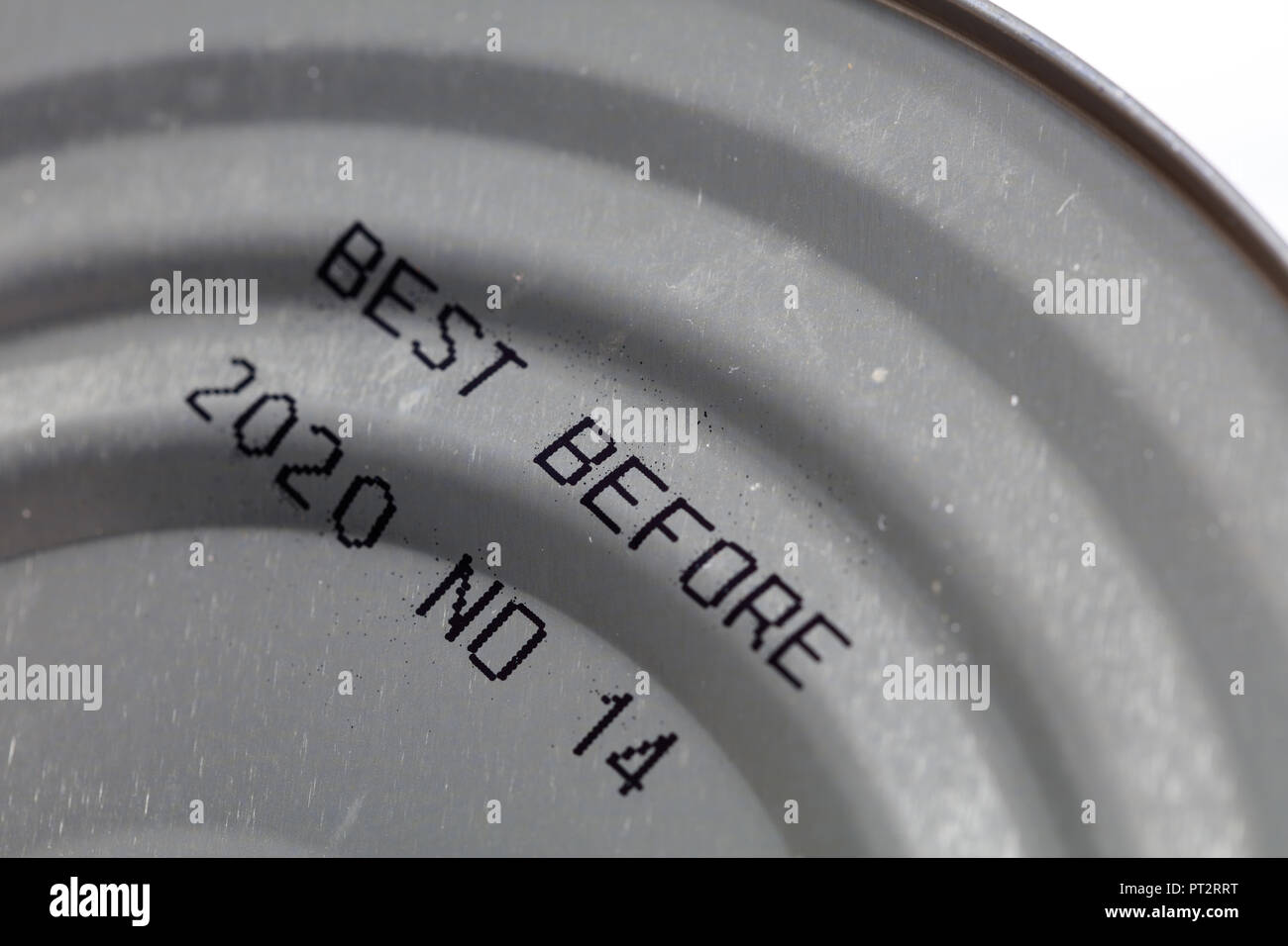 best before date on canned food, close up. Stock Photo