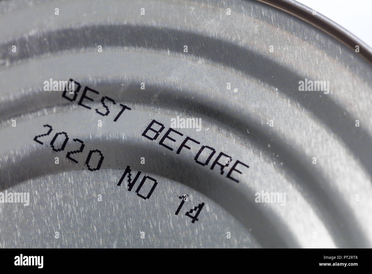 best before date on canned food, close up. Stock Photo