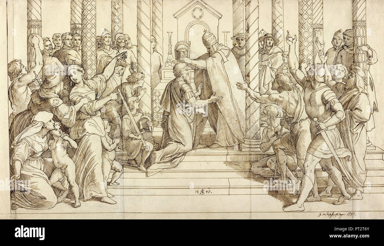 Julius Schnorr von Carolsfeldres, The Coronation of Charlemagne, 1840 Brown ink over graphite, The J. Paul Getty Museum, Los Angeles, USA. Stock Photo