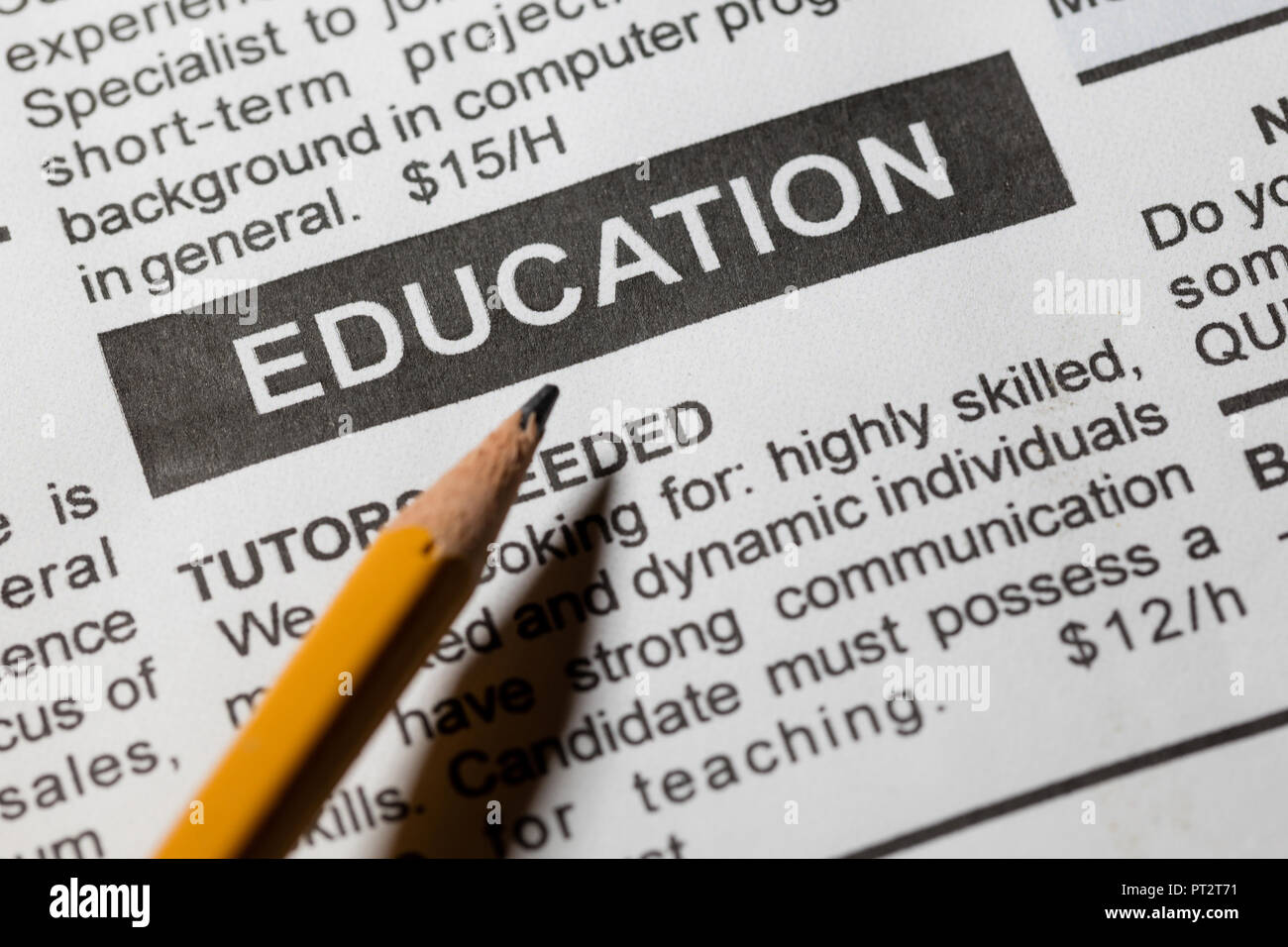 Fake newspaper, newspaper headline education and pencil Stock 