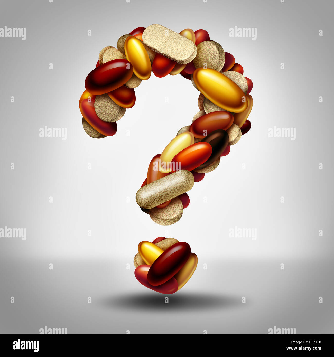 Health supplements as a group of vitamin and supplement pills and capsules shaped as a question mark as a natural nutrient medicine and health. Stock Photo