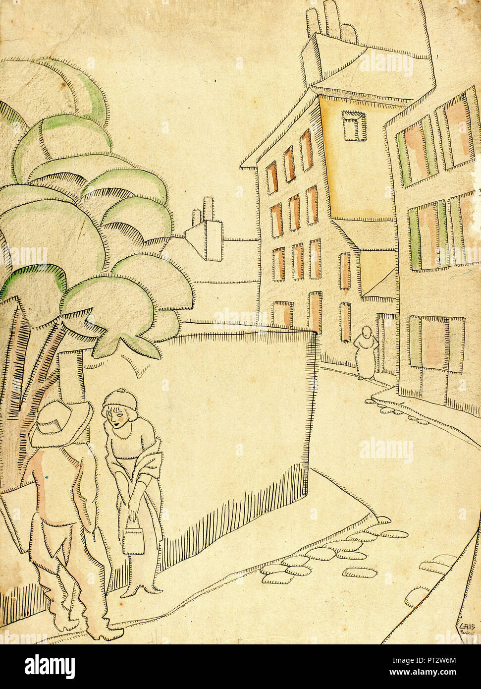 Juan Gris, A Street in Montmartre 1911 Pen and ink, watercolor and charcoal on paper, Museu Nacional d'Art de Catalunya, Barcelona, Spain. Stock Photo