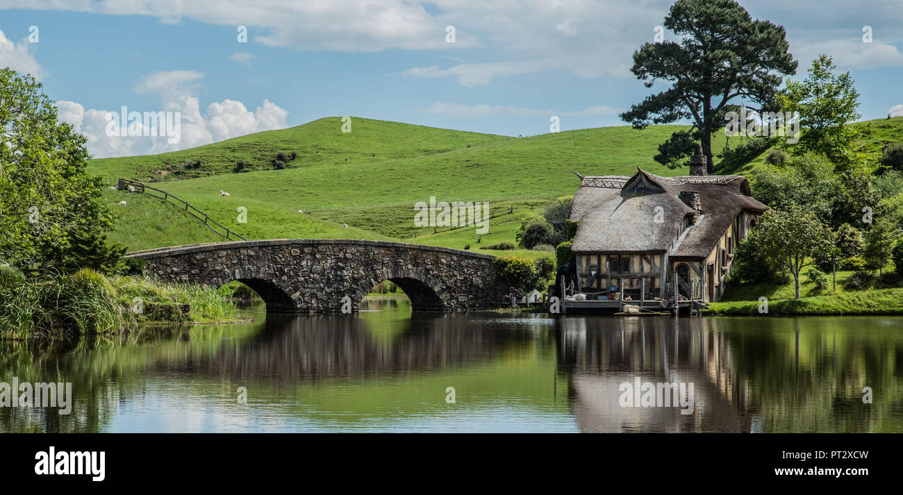 New Zealand, Hobbiton Movie Set, Landscape, Bridge, House, Stock Photo
