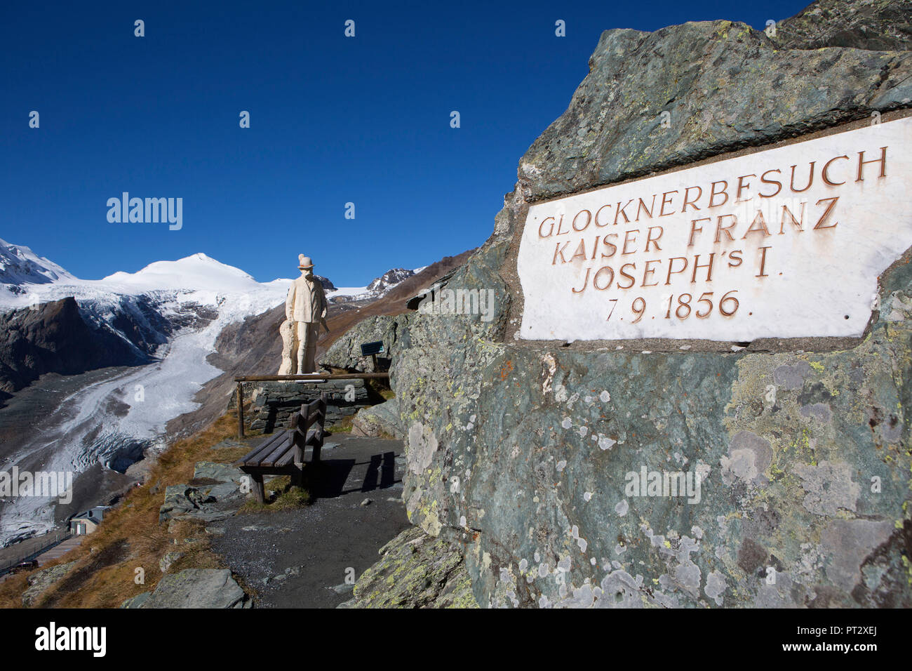 Grossglockner High Alpine Road, Austria, Kaiser-Franz-Josefs-Höhe, sign, monument, statue of Emperor Franz Josef Stock Photo