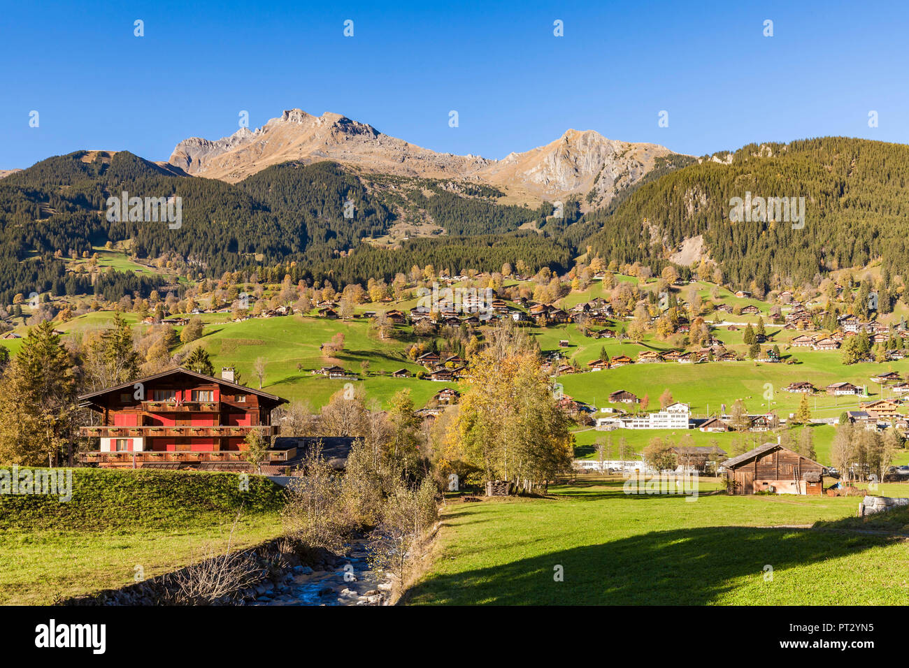 Switzerland, Canton Bern, Bernese Oberland, Grindelwald, Residential houses, Chalets, Autumn Stock Photo