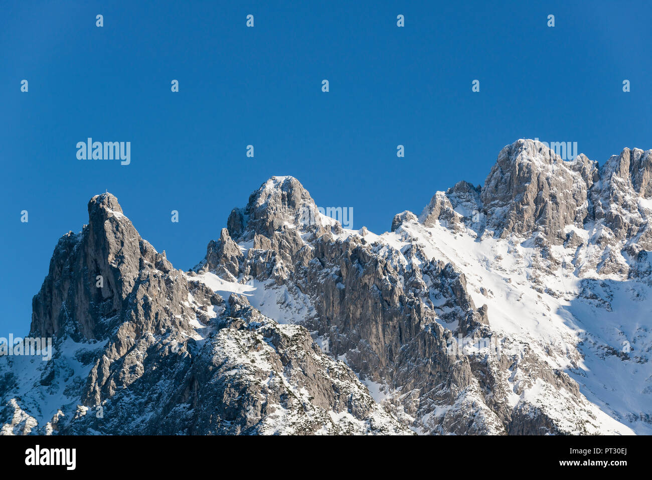 Viererspitze and Western Karwendelspitze in winter, blue sky, Mittenwald, Karwendel, Werdenfelser Land, Upper Bavaria, Bavaria Stock Photo