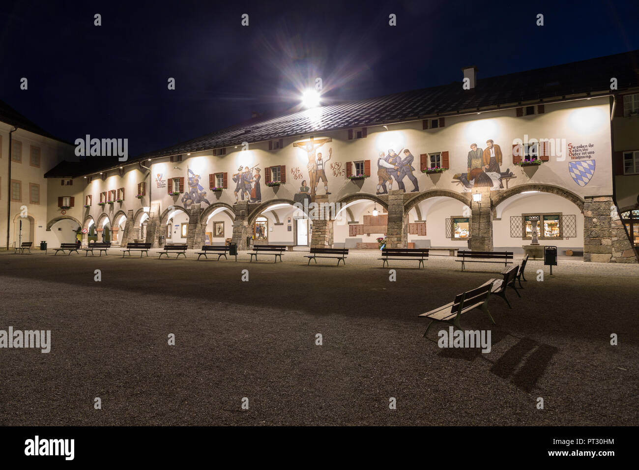 Arcades on castle square at night, Berchtesgaden Castle, Berchtesgaden, Berchtesgadener Land, Bavaria, Germany Stock Photo