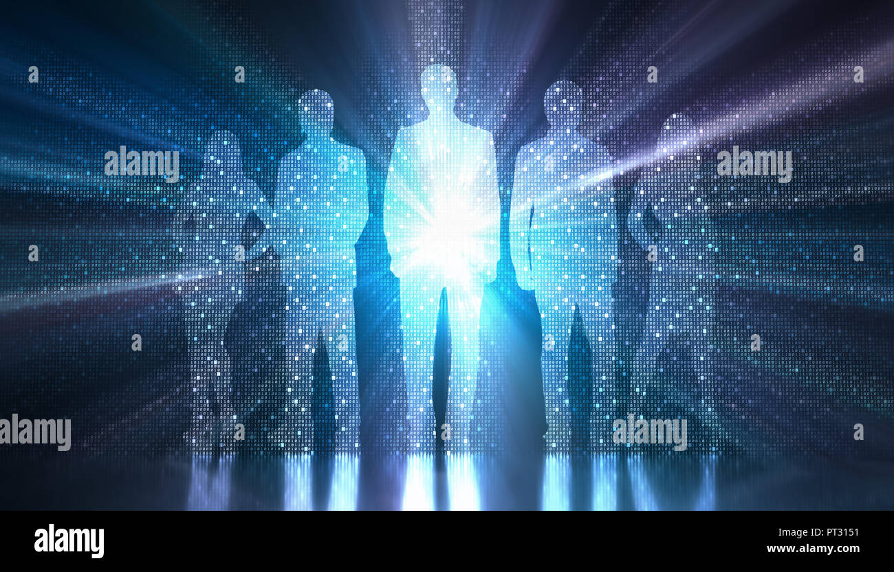Binary light coming out of the silhouette of a group of people. Concept image of the digitized and globalized world. Stock Photo