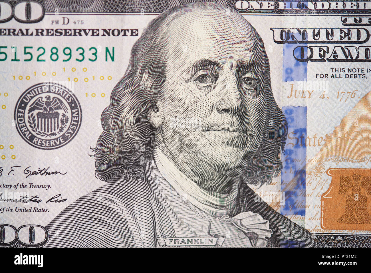 Portrait of Franklin president on hundred dollar bill Stock Photo