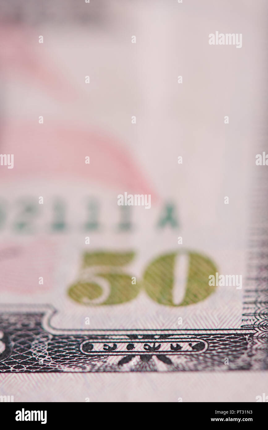 Close up view of 50 dollar bill. USA money theme Stock Photo
