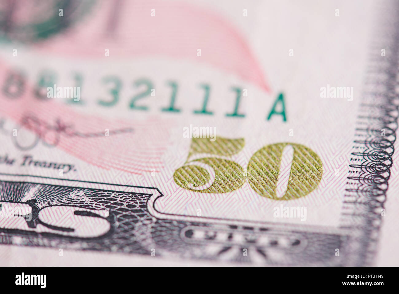 Fifty dollar bill theme. 50 number in USA money close up view Stock Photo