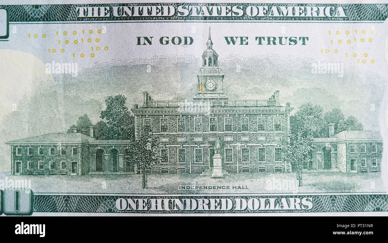 Independence hall photo on back dollar bill close up view Stock Photo