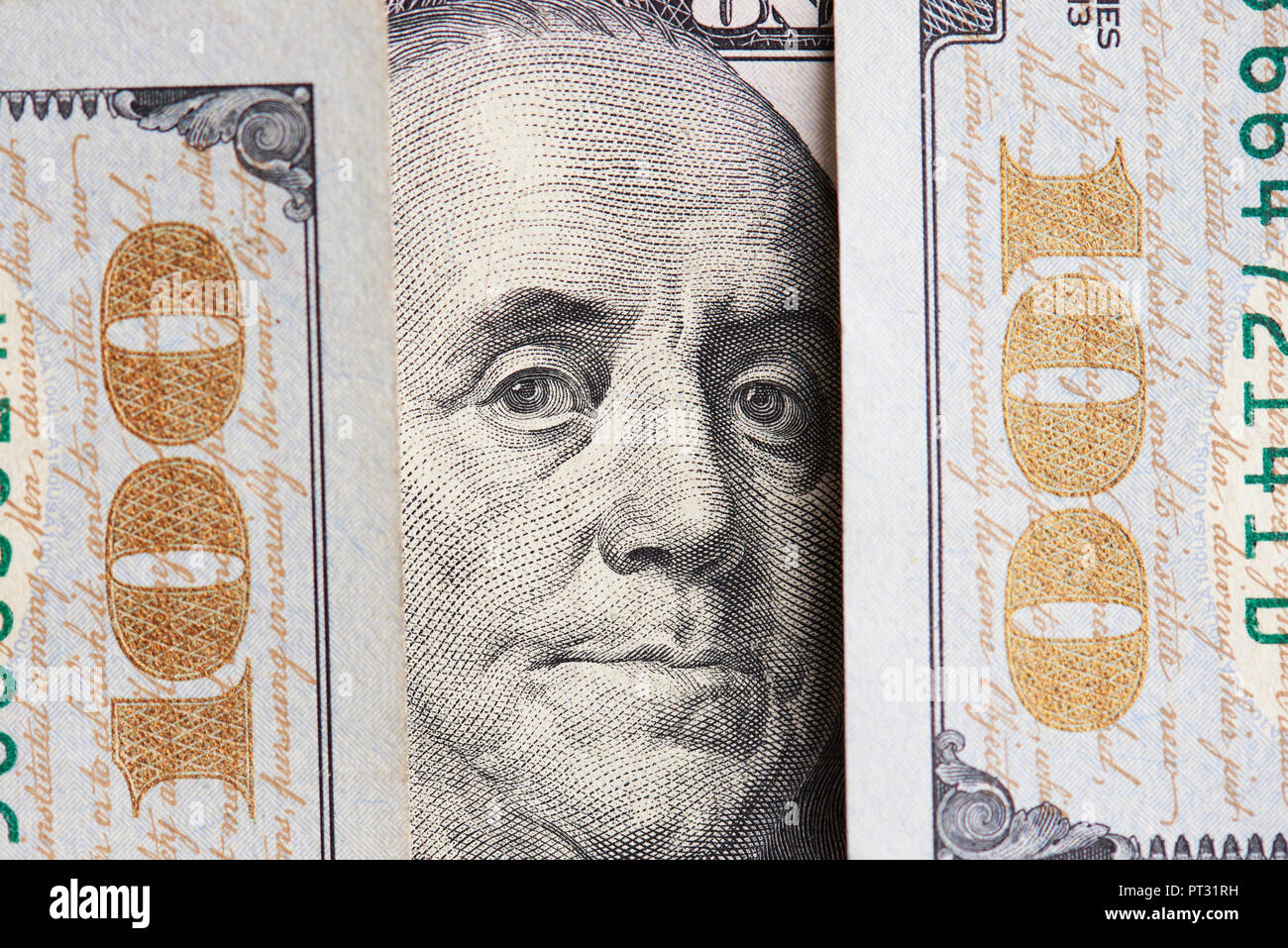 Franklin president portrait on 100 dollar bill close up view Stock Photo