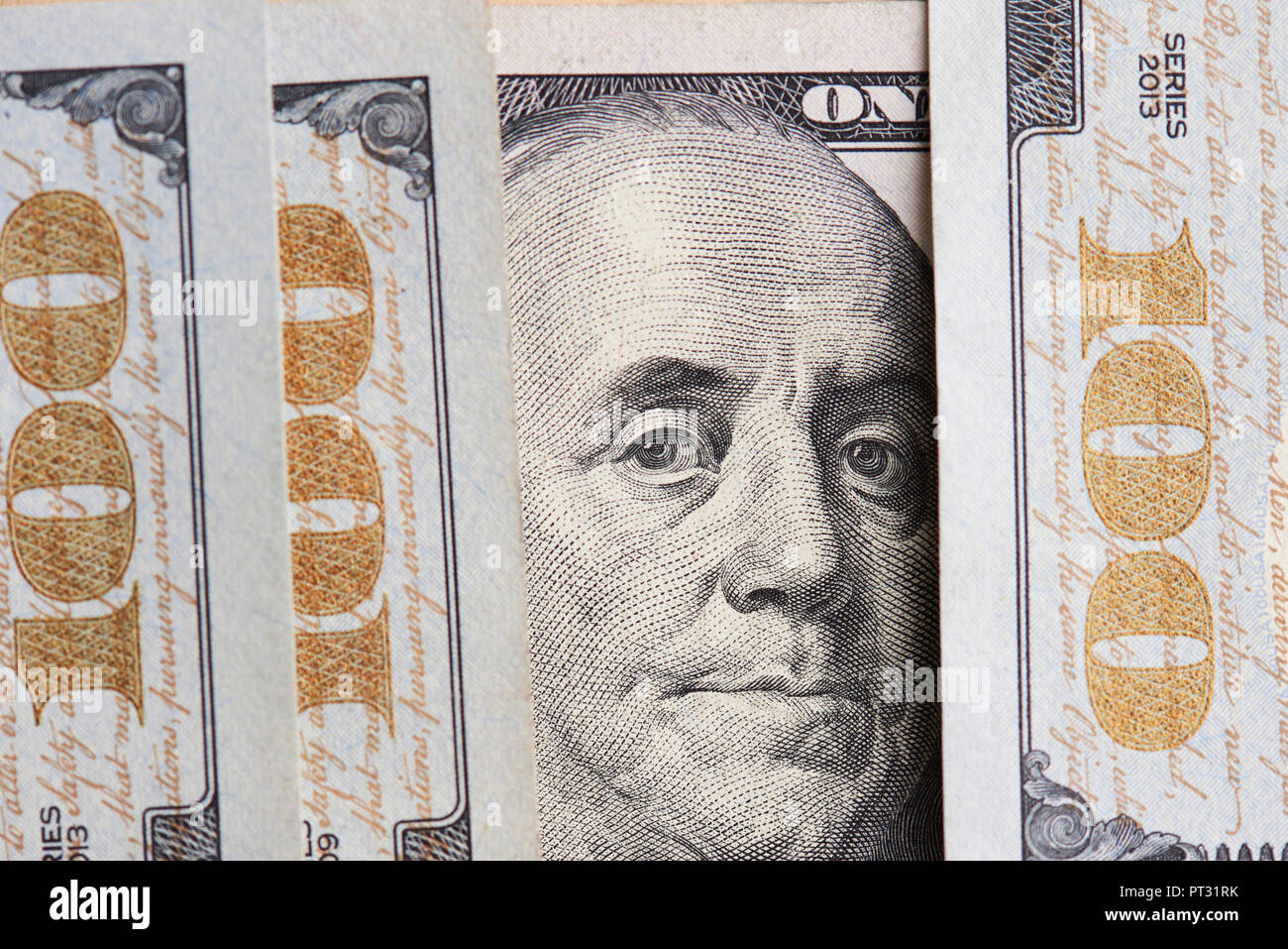 Hundred dollar theme. Close up of Franklin president portrait Stock Photo