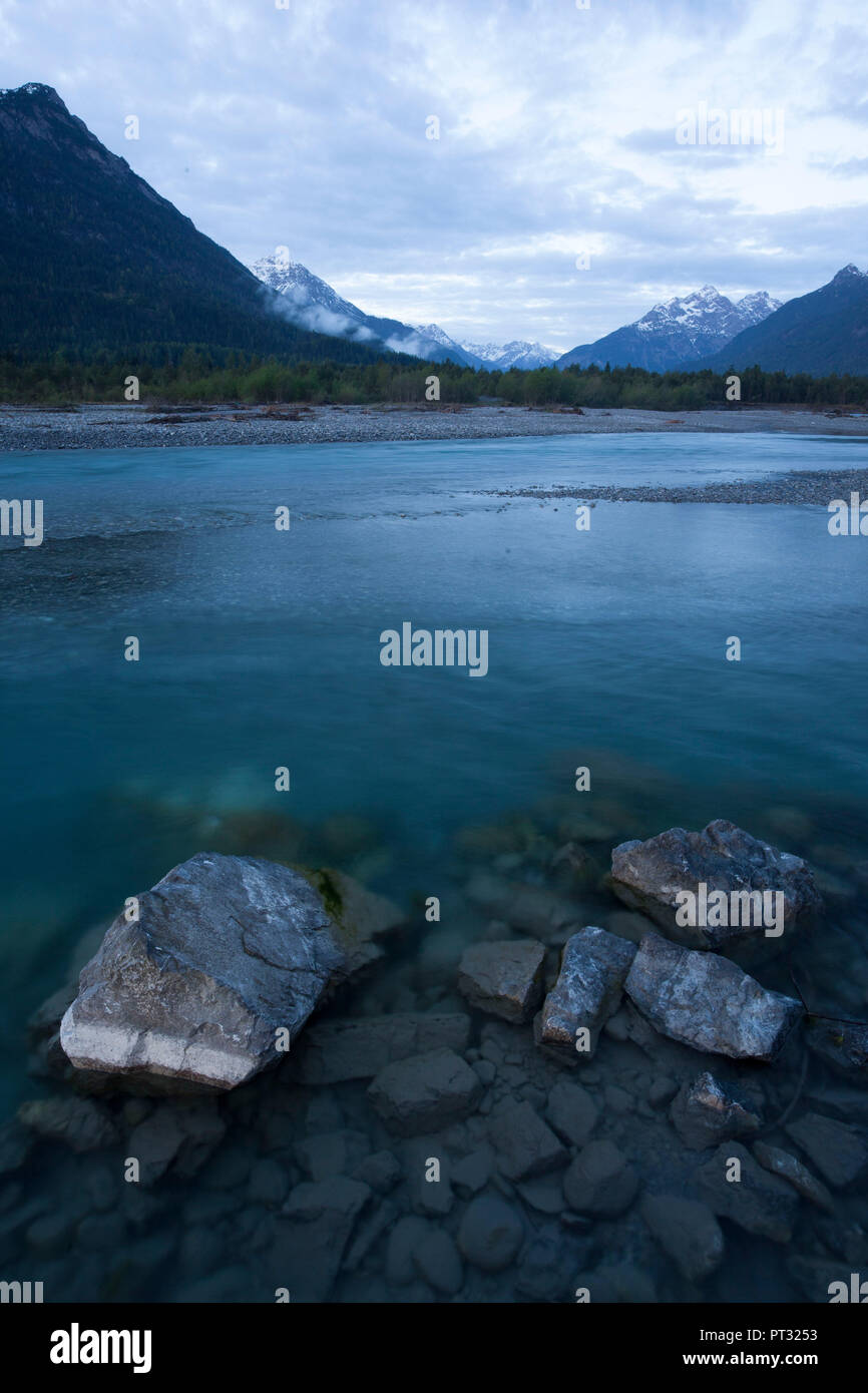 Lech River landscape near Forchach, Lechtal Valley, Lechtal Alps, Tyrol, Austria Stock Photo