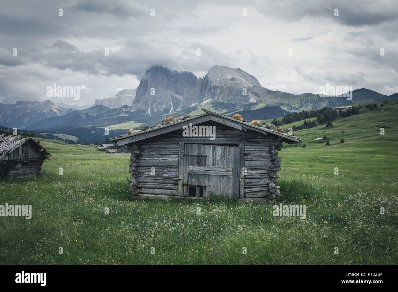 Italy, South Tyrol, Seiser Alm, Langkofel Peak, Plattkofel Peak Stock Photo