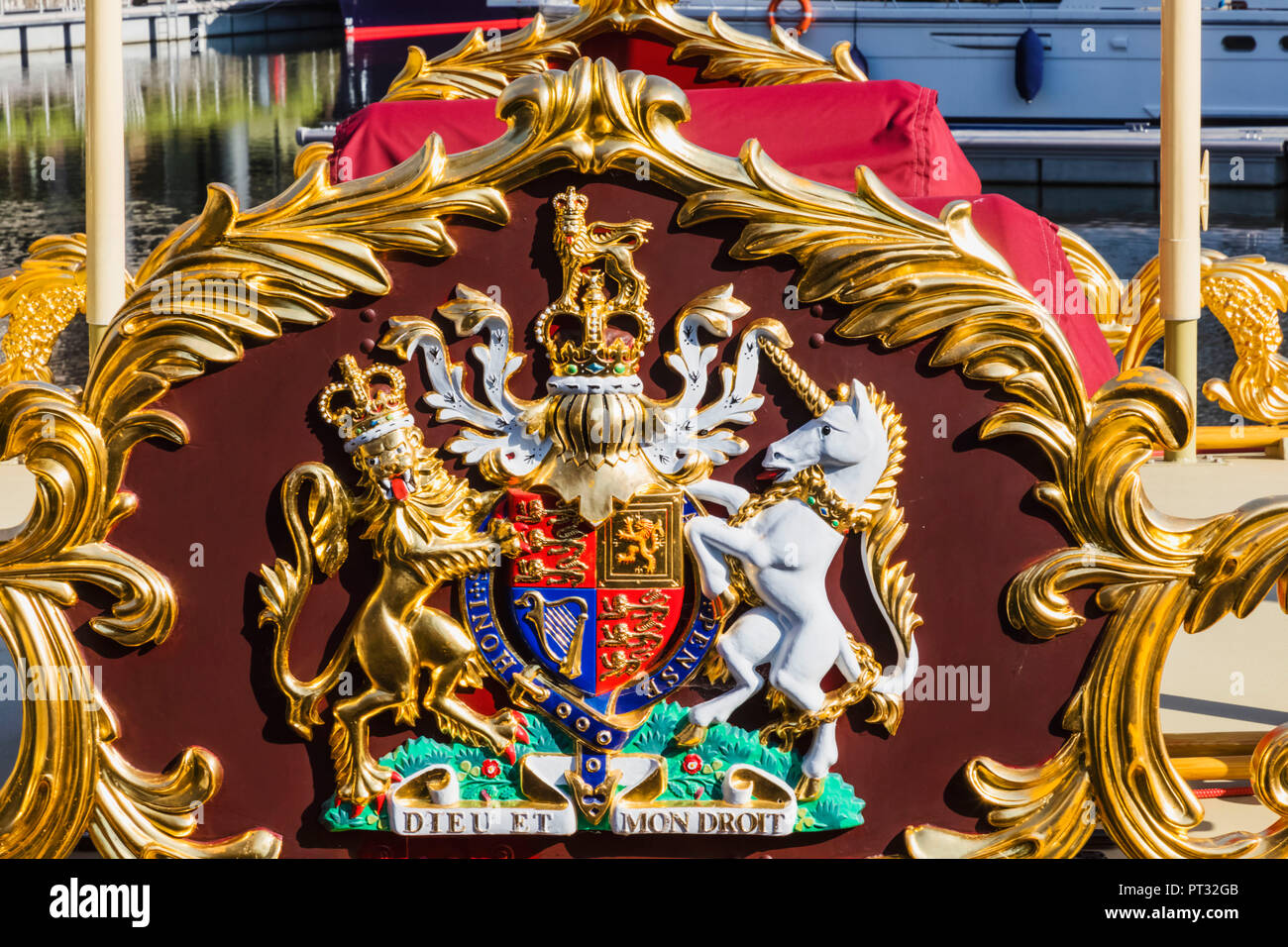 England, London, Wapping, St.Katharine Docks, Royal Barge Gloriana, Royal Coat of Arms Stock Photo