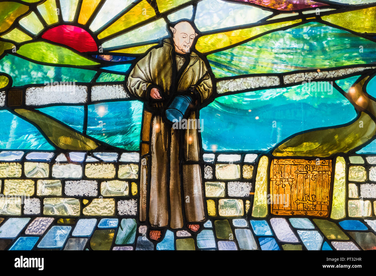 England, London, The City of London, The Black Friar Pub, Art Nouveau Stained Glass Window depicting Monk Holding Beer Tankard Stock Photo