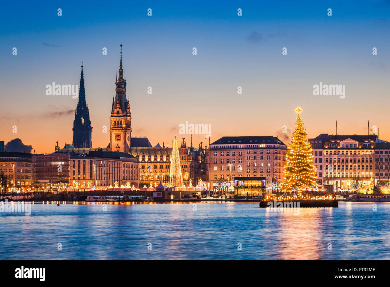 Skyline of Hamburg, Germany with Christmas market decorations Stock