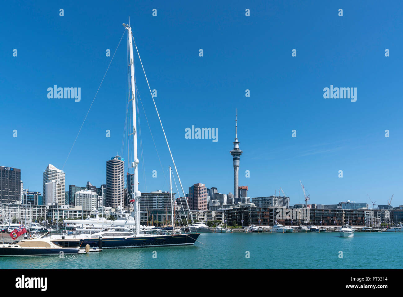 Sailing boat in Viaduct Basin and Auckland CBD in the background, Auckland City, Auckland region, North Island, New Zealand, Stock Photo