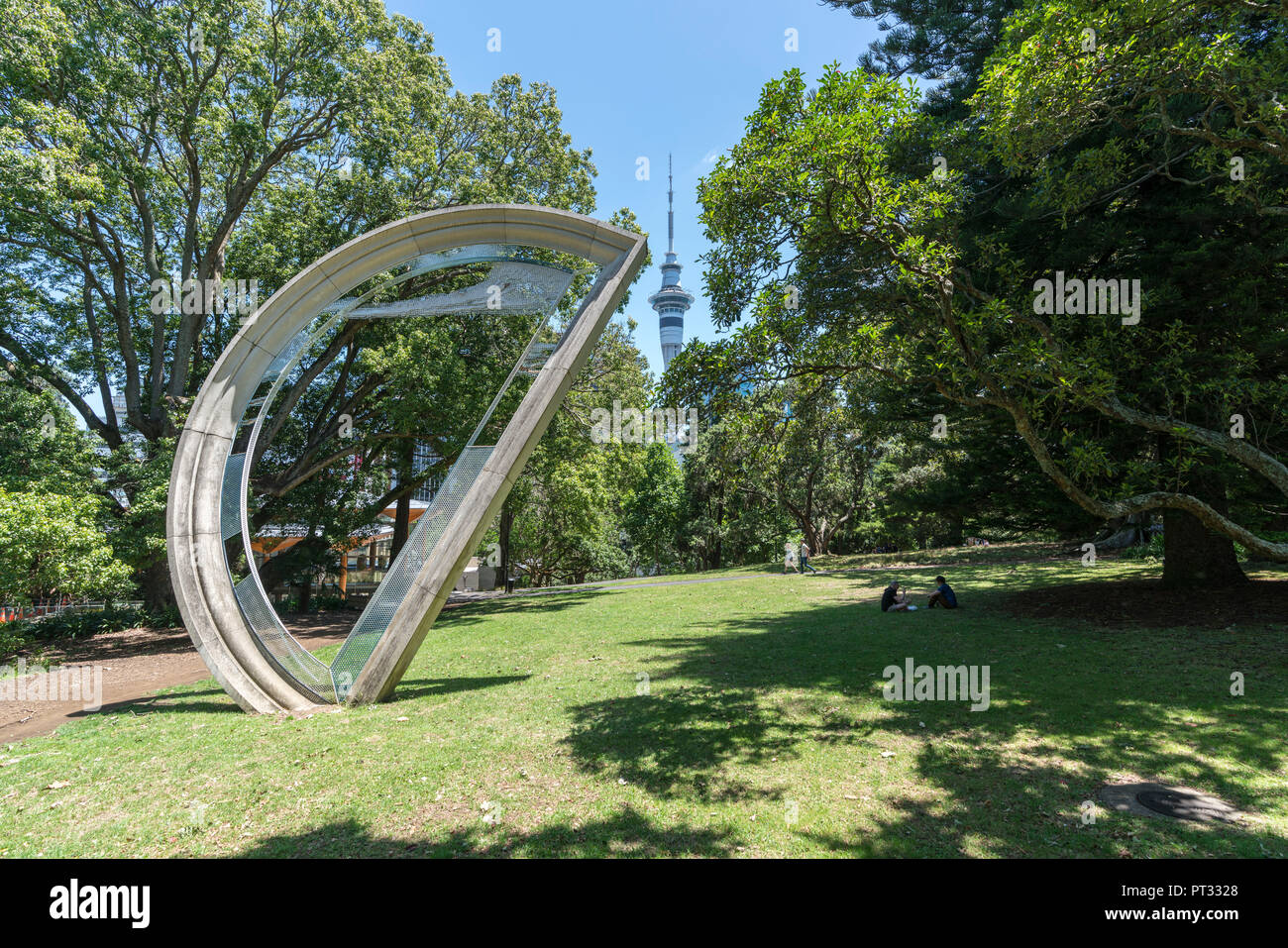 Neil Dawson's sculpture in Albert Park with Sky Tower in the background, Auckland City, Auckland region, North Island, New Zealand, Stock Photo