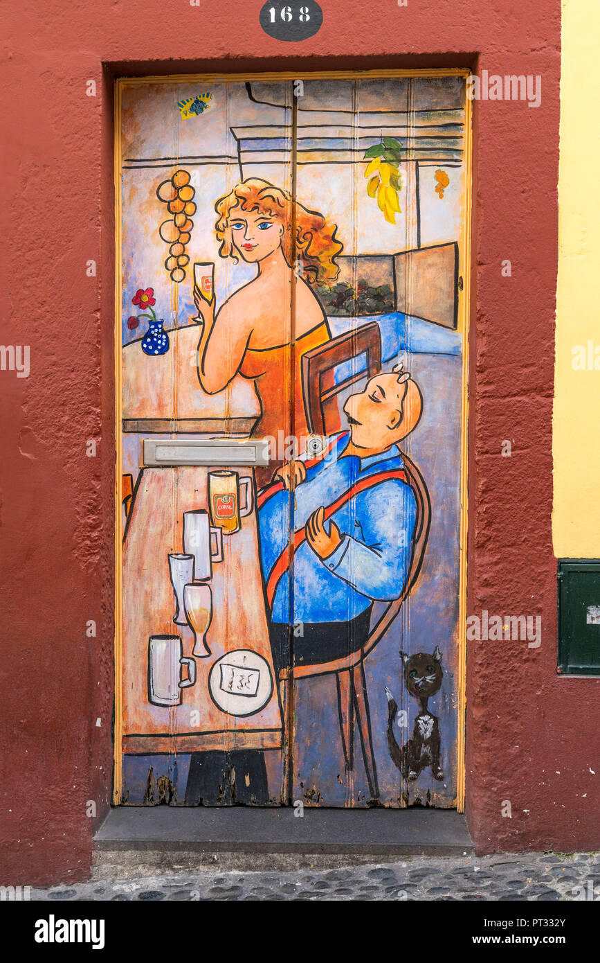 Painted doors in Santa Maria street for the Art of Open Doors project, Funchal, Madeira region, Portugal, Stock Photo