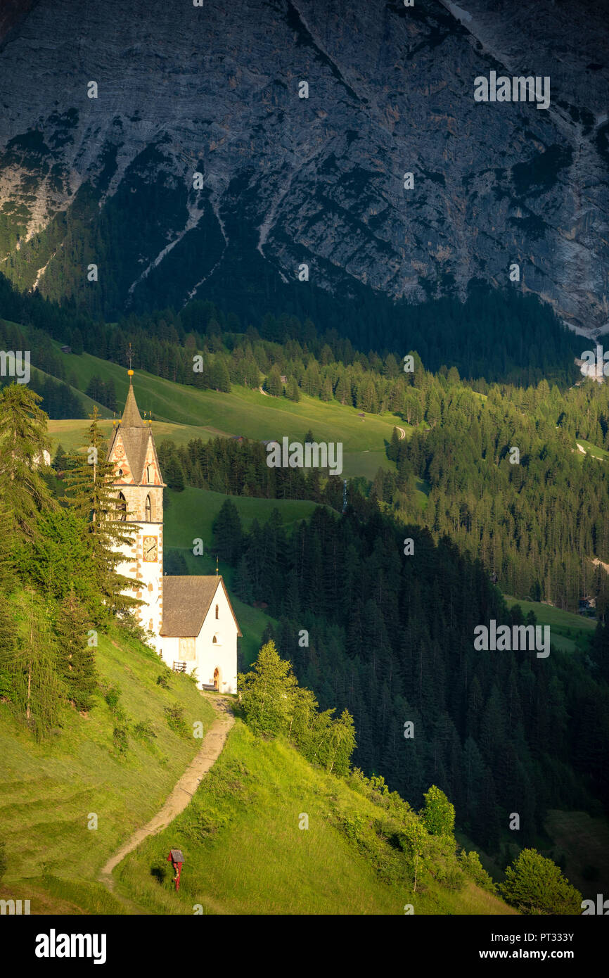 La Valle / Wengen, Alta Badia, Bolzano province, South Tyrol, Italy, The St, Barbara chapel at sunset Stock Photo