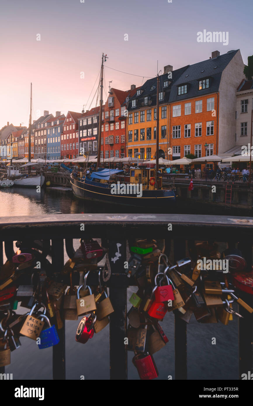Nyhavn at sunset, Copenhagen, Hovedstaden, Denmark, Northern Europe, Stock Photo