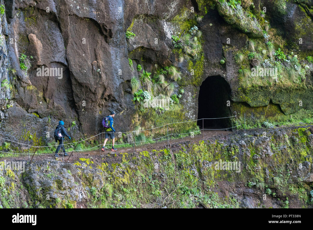 People walking on the trail from Pico Ruivo to Pico do Areeiro, Santana, Madeira region, Portugal, Stock Photo