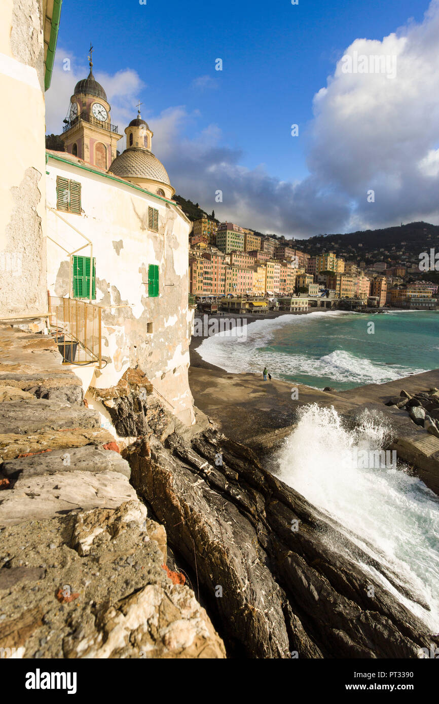 The picturesque village of Camogli viewed from S, Maria Assunta church, Camogli, Gulf of Paradise, Portofino National Park, Genoa province, Liguria, Italy Stock Photo