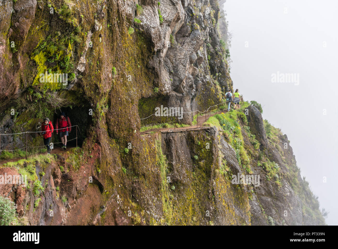 People walking on the trail from Pico Ruivo to Pico do Areeiro, Santana, Madeira region, Portugal, Stock Photo