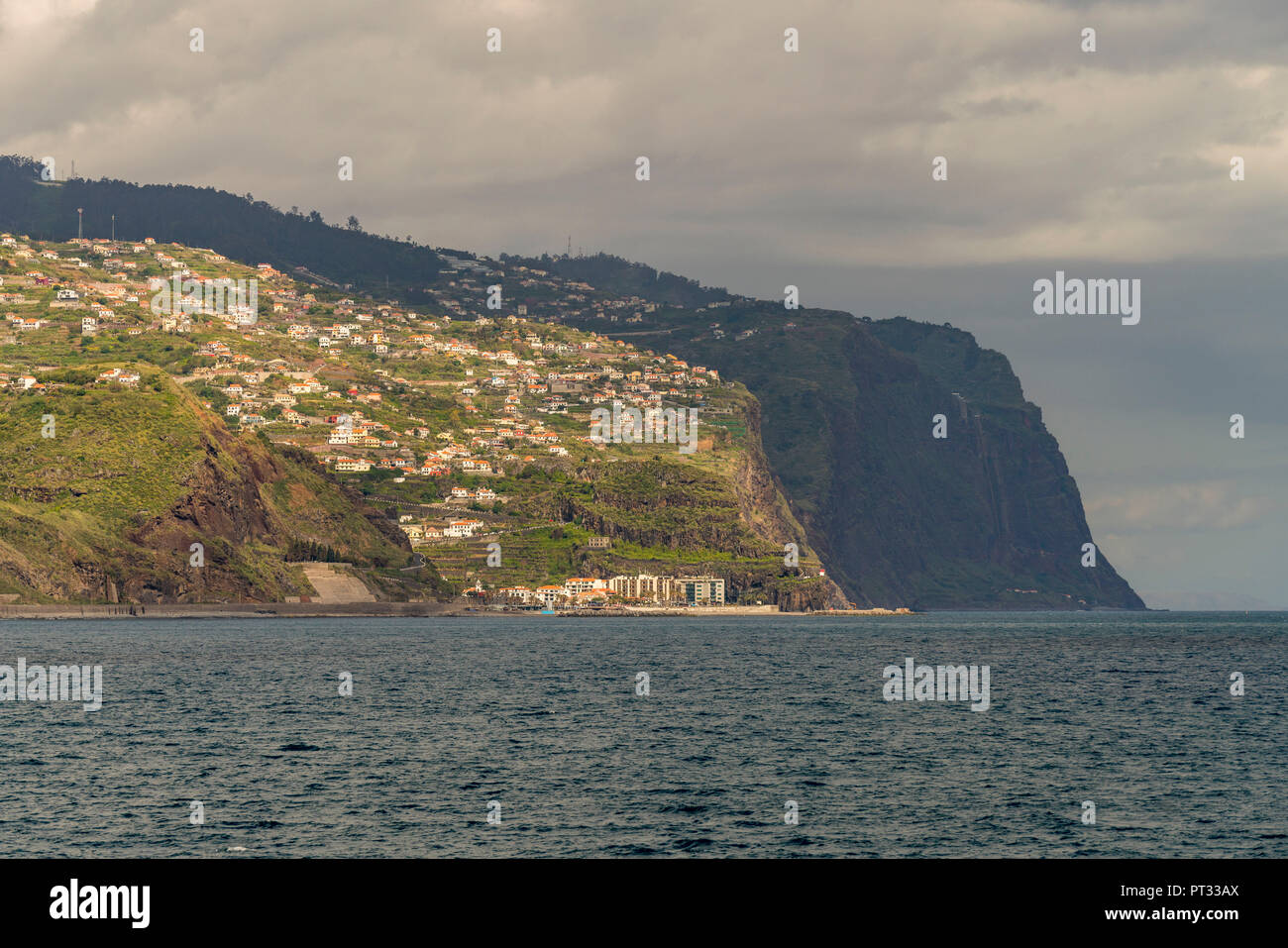 The town of Ribeira Brava shot from Ponta do Sol, Madeira region, Portugal, Stock Photo