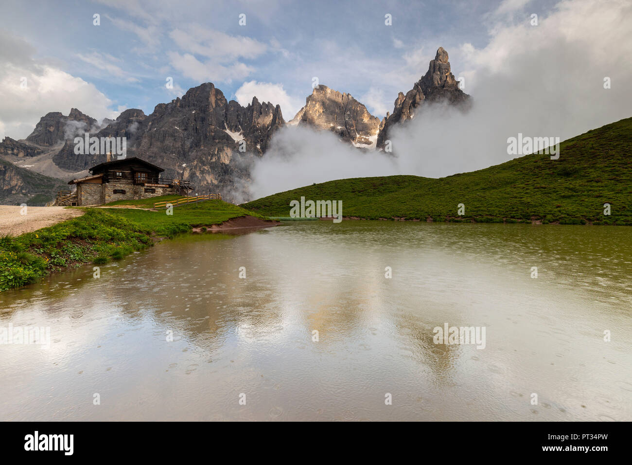 Europe, Italy, Alps, Dolomites, Mountains, Passo Rolle - Rifugio Baita Segantini Stock Photo