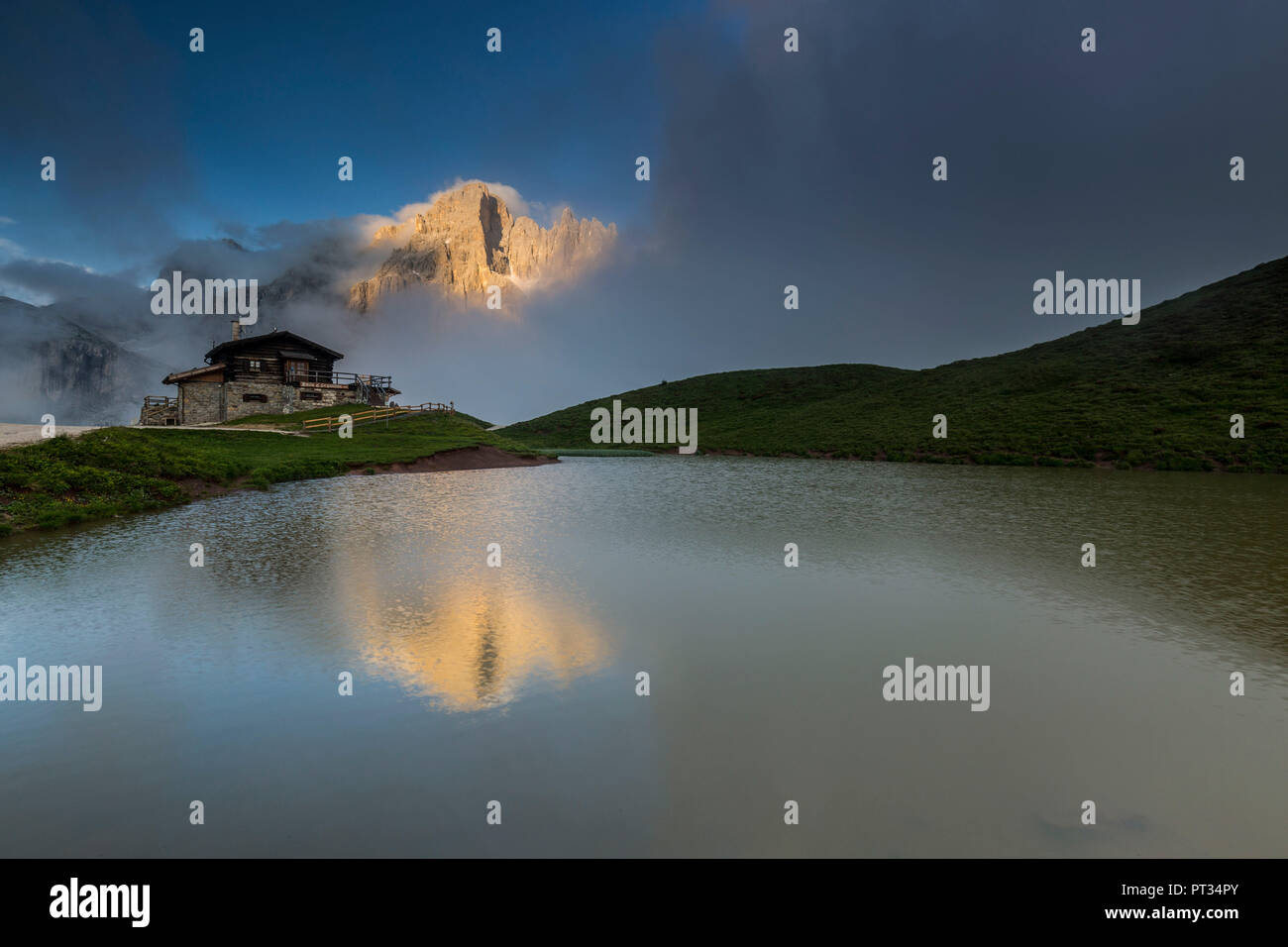 Europe, Italy, Alps, Dolomites, Mountains, Passo Rolle - Rifugio Baita Segantini Stock Photo