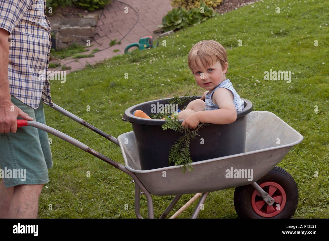 Grandpa giving his 3 year old grandson a ride in a wheelbarrow through the garden, Sauerland, Germany Stock Photo