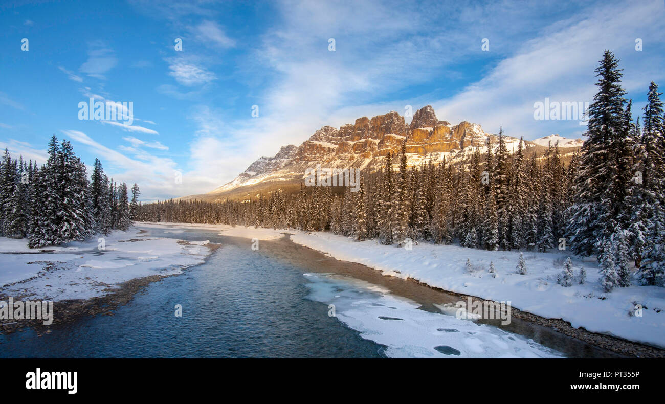 Bow River with Castle Mountain shot from bridge towards Bow Valley Parkway, looking northwest from coordinates: 51, 266829, -115, 926669 Stock Photo