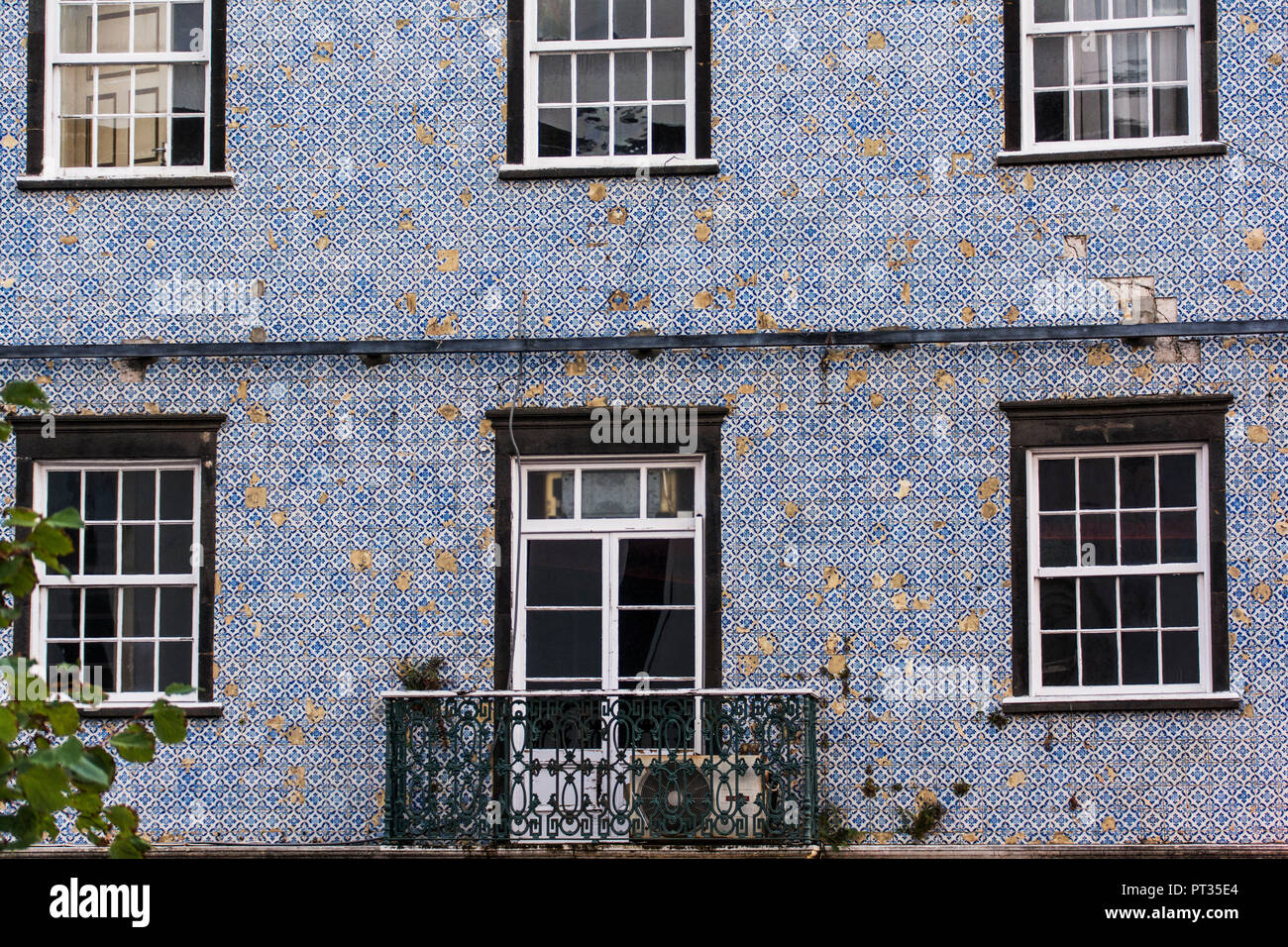 House with Azulejos of Ponta Delgada on Azores island São Miguel Stock Photo